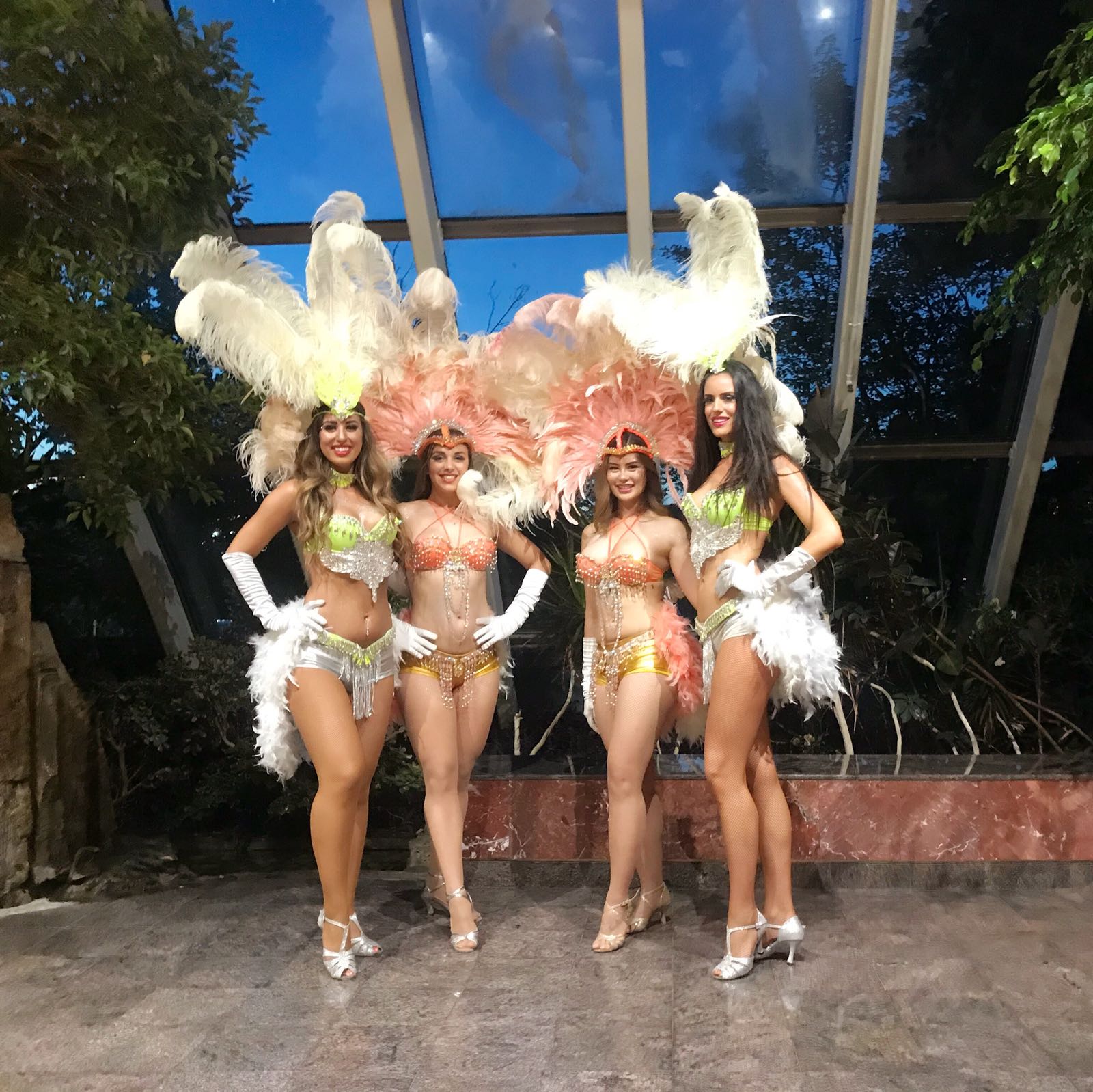 Group performance with feathered costumes